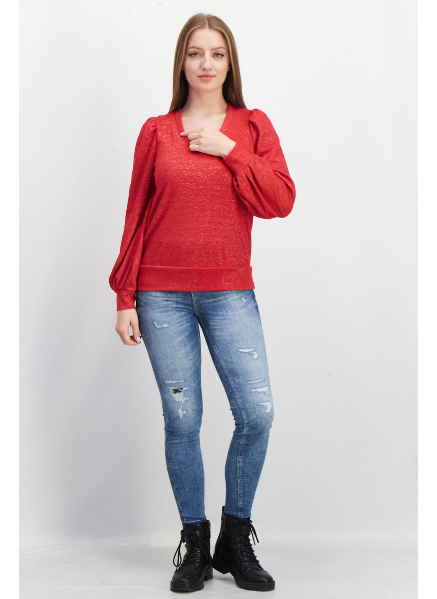 Women V-Neck Metallic Sweater, Cherry Candy