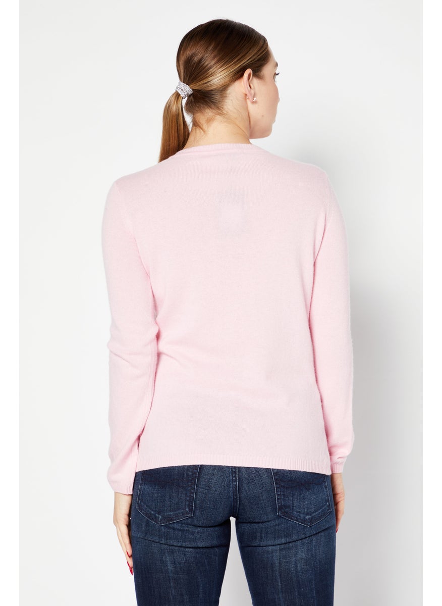 Women V-Neck Long Sleeve Knitted Sweater, Pink