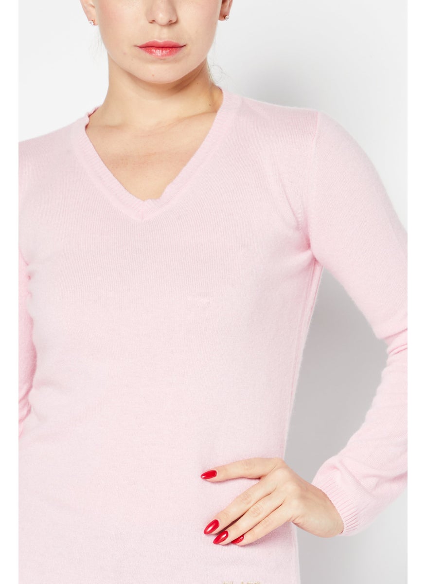 Women V-Neck Long Sleeve Knitted Sweater, Pink