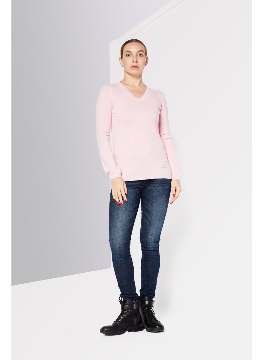 Women V-Neck Long Sleeve Knitted Sweater, Pink