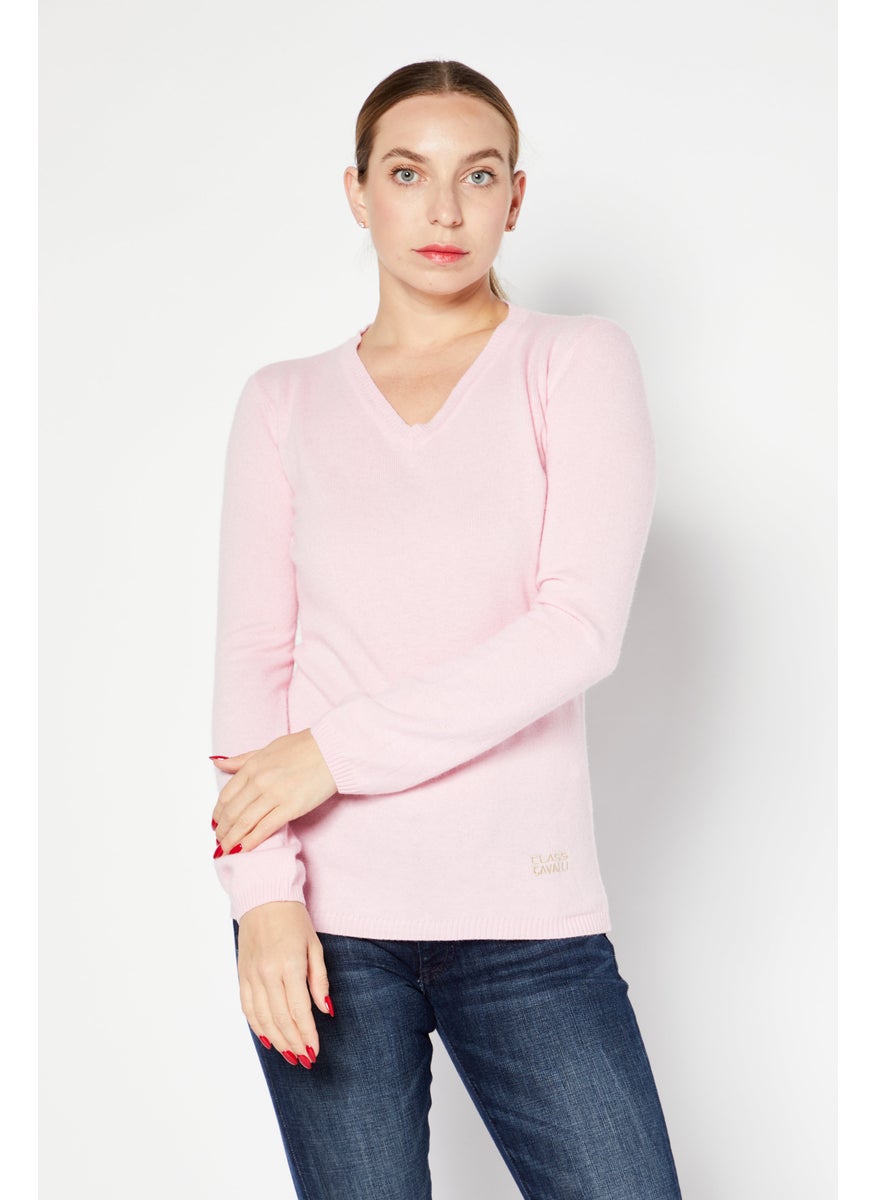 Women V-Neck Long Sleeve Knitted Sweater, Pink