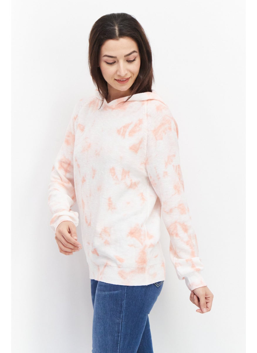 Women Tie Dye Printed Long Sleeve Hooded Sweater, Coral