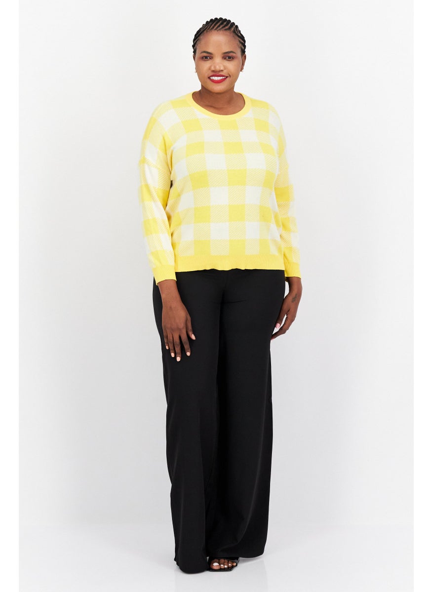 Women Crew Neck Long Sleeve Checkered Sweater, Yellow