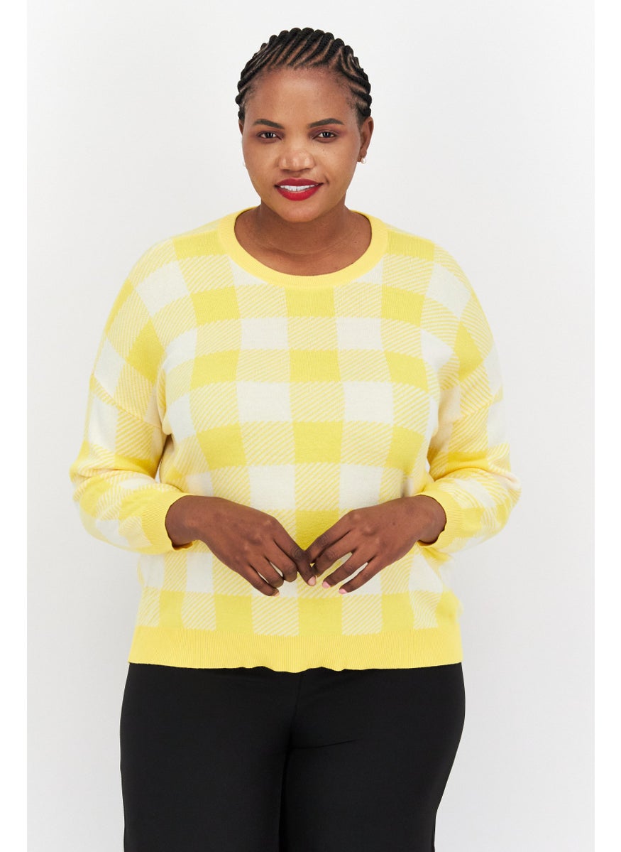 Women Crew Neck Long Sleeve Checkered Sweater, Yellow