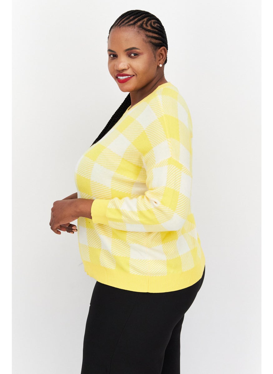 Women Crew Neck Long Sleeve Checkered Sweater, Yellow