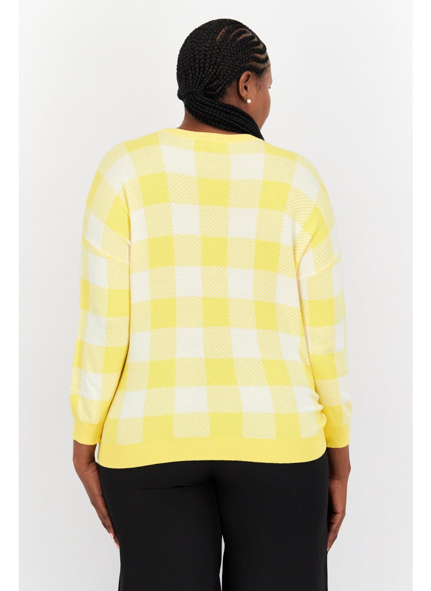 Women Crew Neck Long Sleeve Checkered Sweater, Yellow
