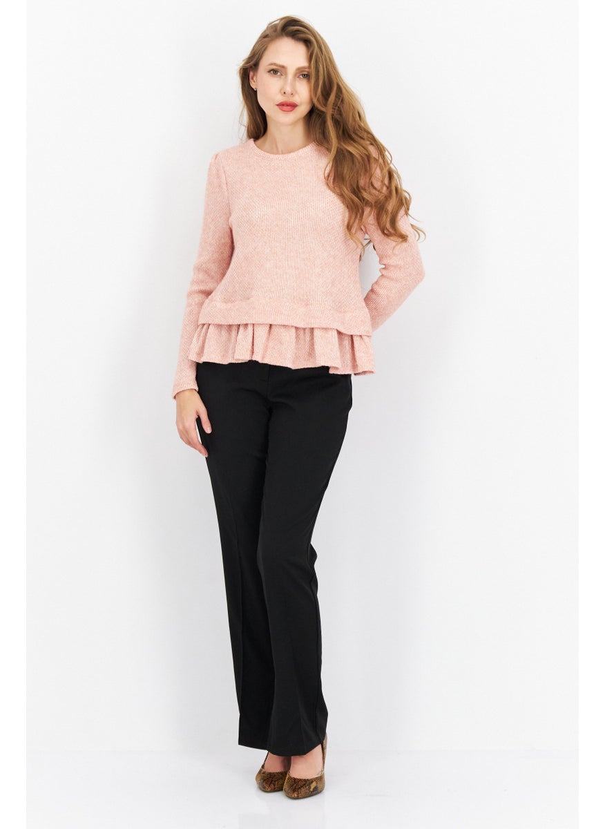 Women Crew Neck Long Sleeve Textured Sweater, Misty Pink