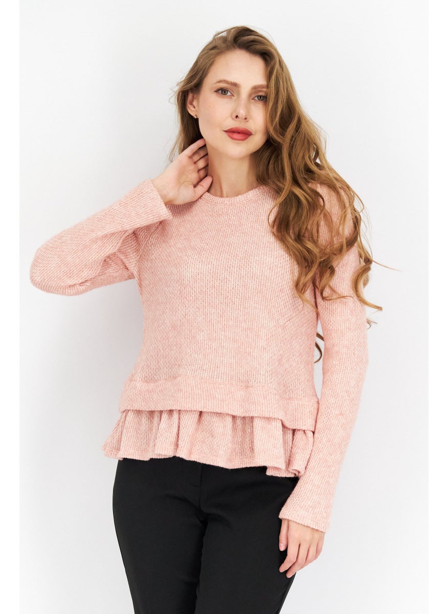 Women Crew Neck Long Sleeve Textured Sweater, Misty Pink