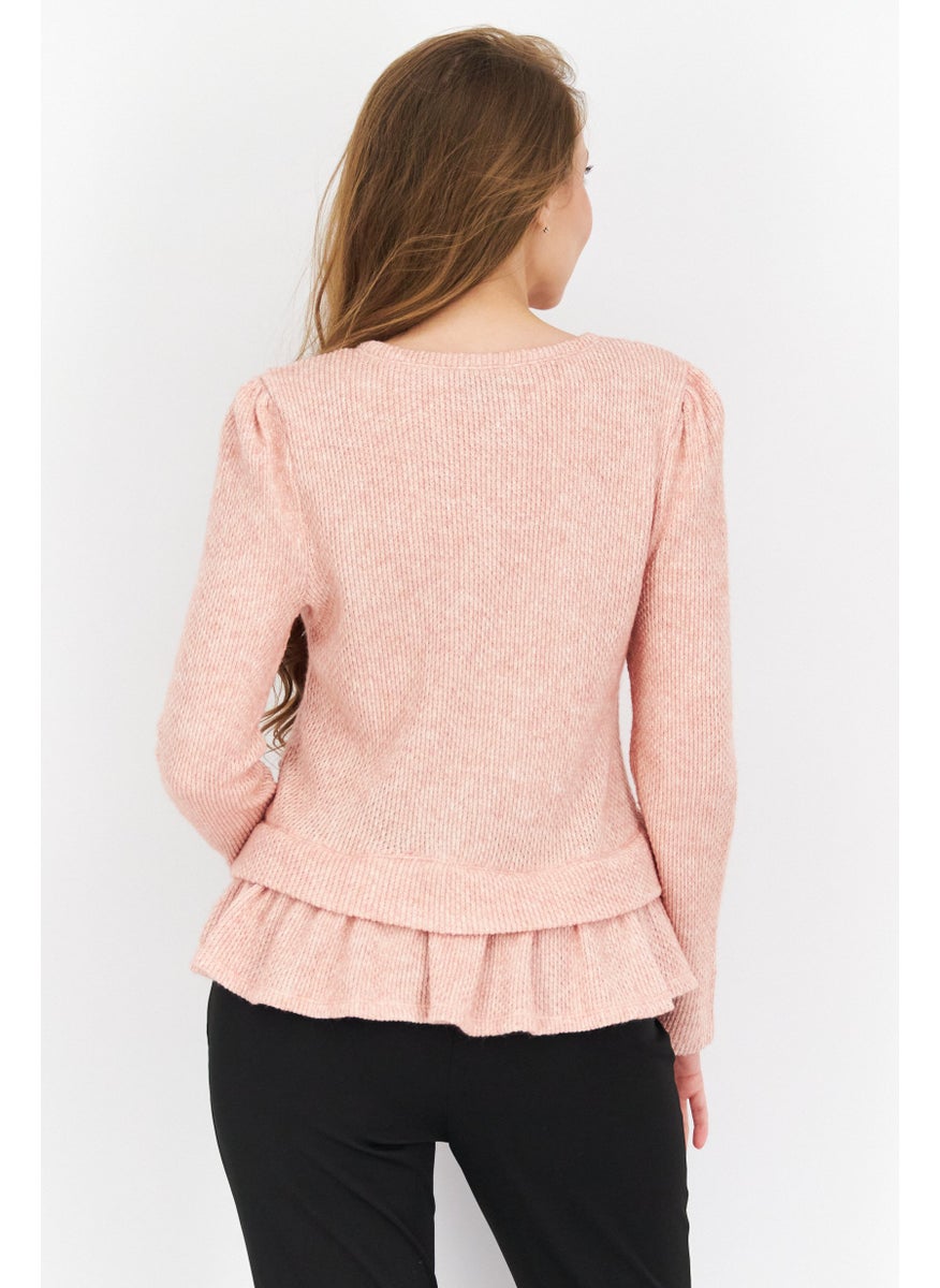 Women Crew Neck Long Sleeve Textured Sweater, Misty Pink