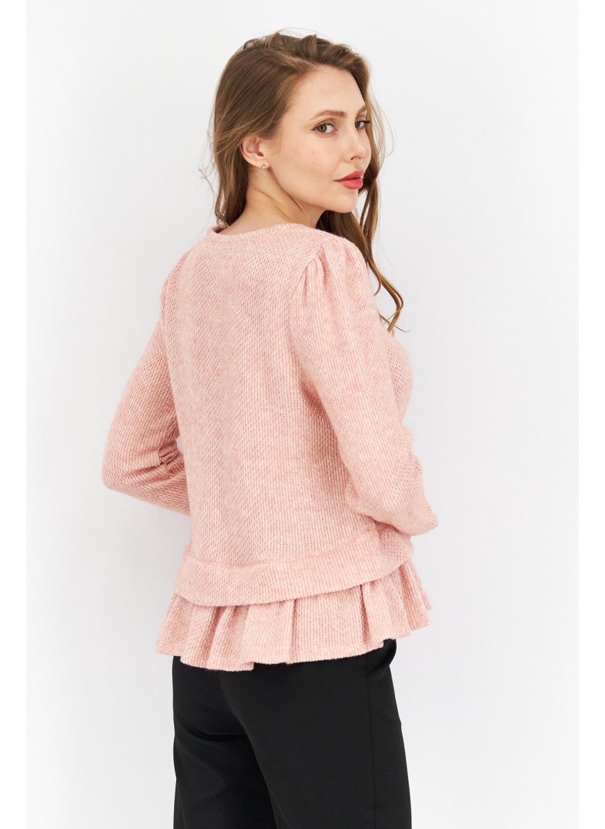 Women Crew Neck Long Sleeve Textured Sweater, Misty Pink