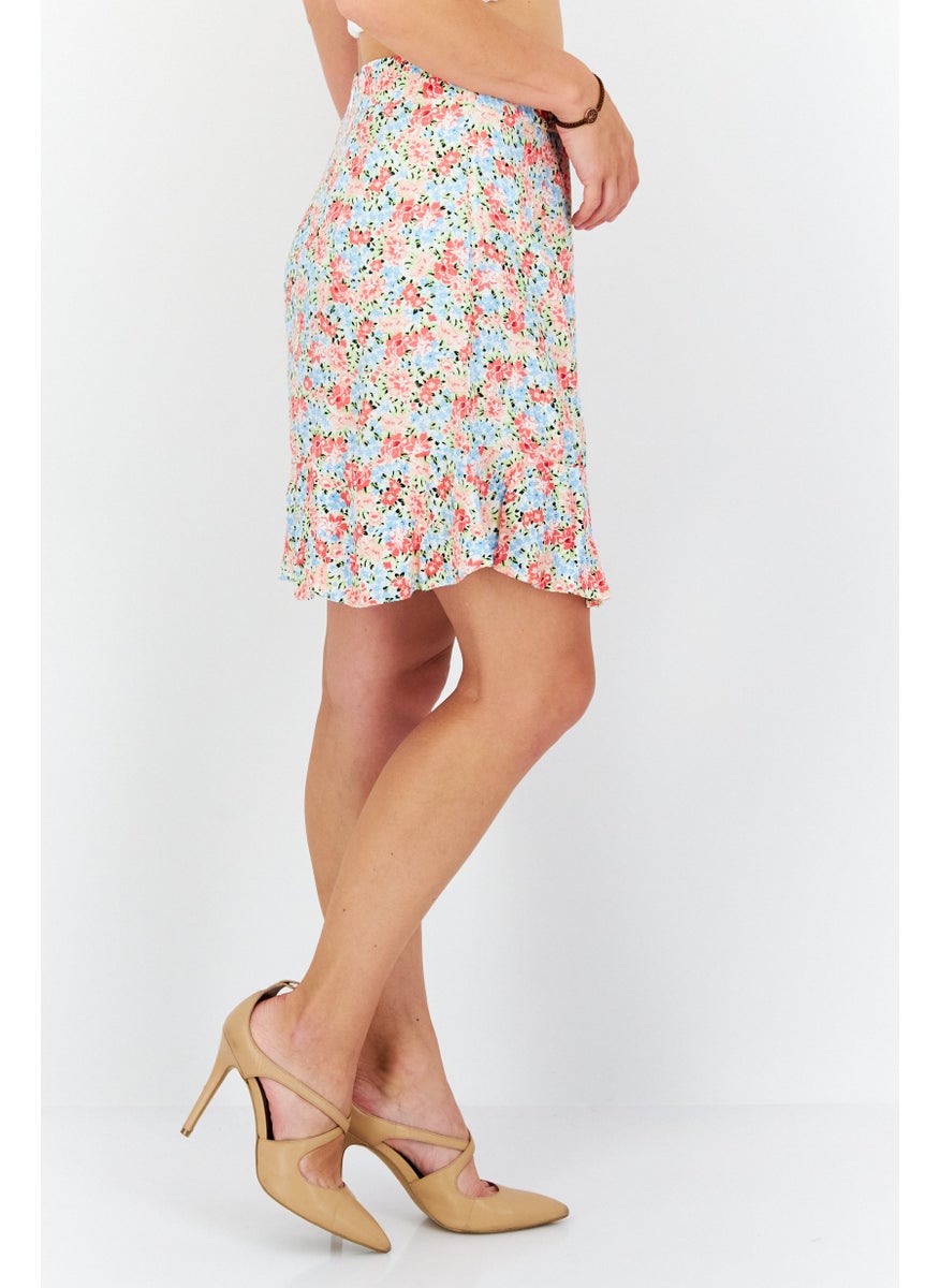 Women Floral Pattern Mini Skirts, Pink/Blue Combo