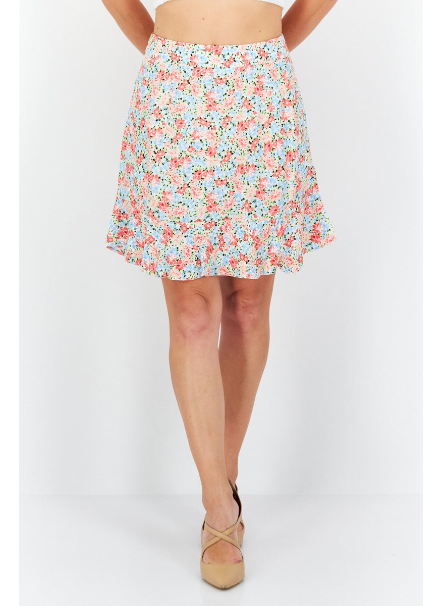 Women Floral Pattern Mini Skirts, Pink/Blue Combo