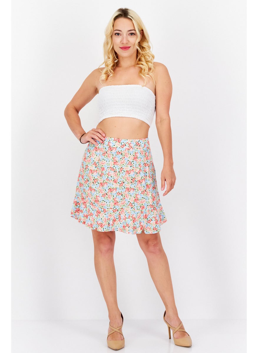 Women Floral Pattern Mini Skirts, Pink/Blue Combo