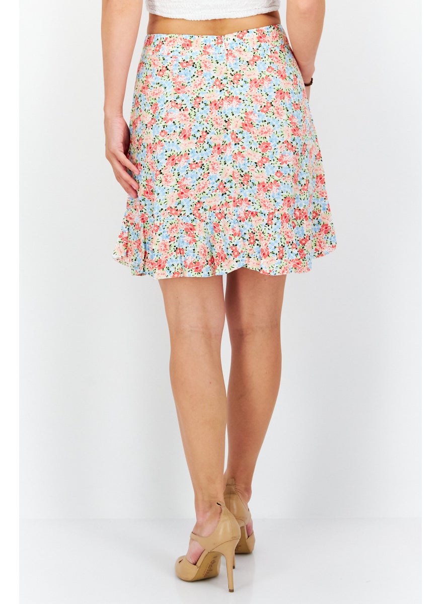 Women Floral Pattern Mini Skirts, Pink/Blue Combo