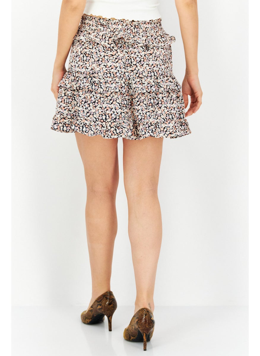 Women Floral Print Mini Skirt, Black/White Combo