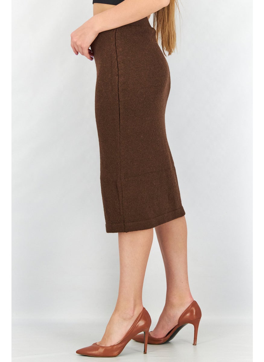 Women Pull-On Knitted Midi Skirt, Brown