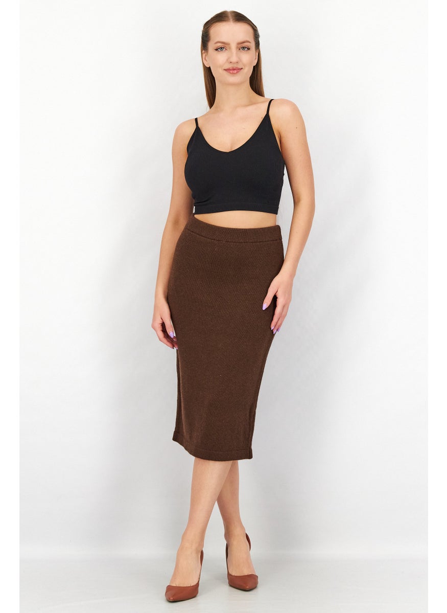 Women Pull-On Knitted Midi Skirt, Brown