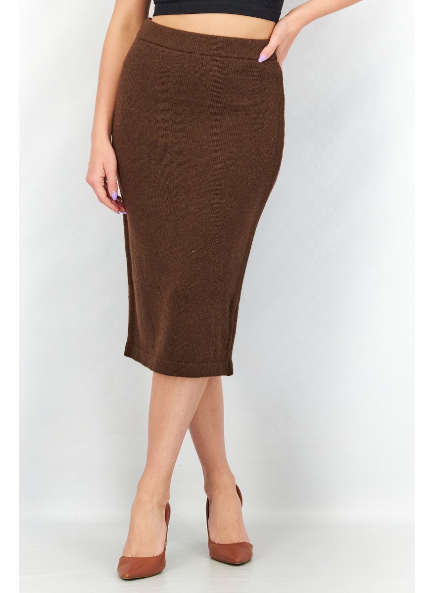 Women Pull-On Knitted Midi Skirt, Brown