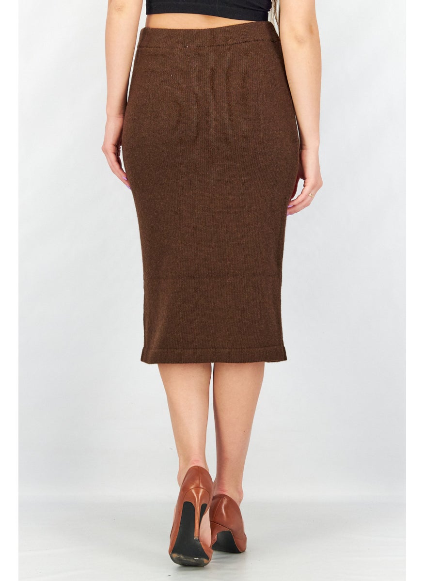 Women Pull-On Knitted Midi Skirt, Brown