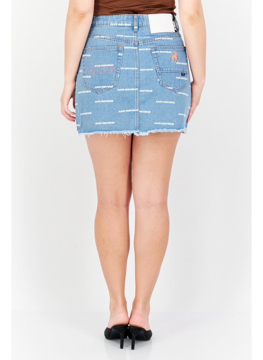 Women Embroidered Logo Denim Skirts, Washed Blue