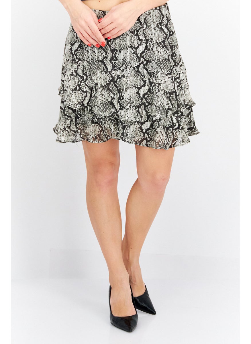 Women Allover Print Mini Skirt, Black/Grey