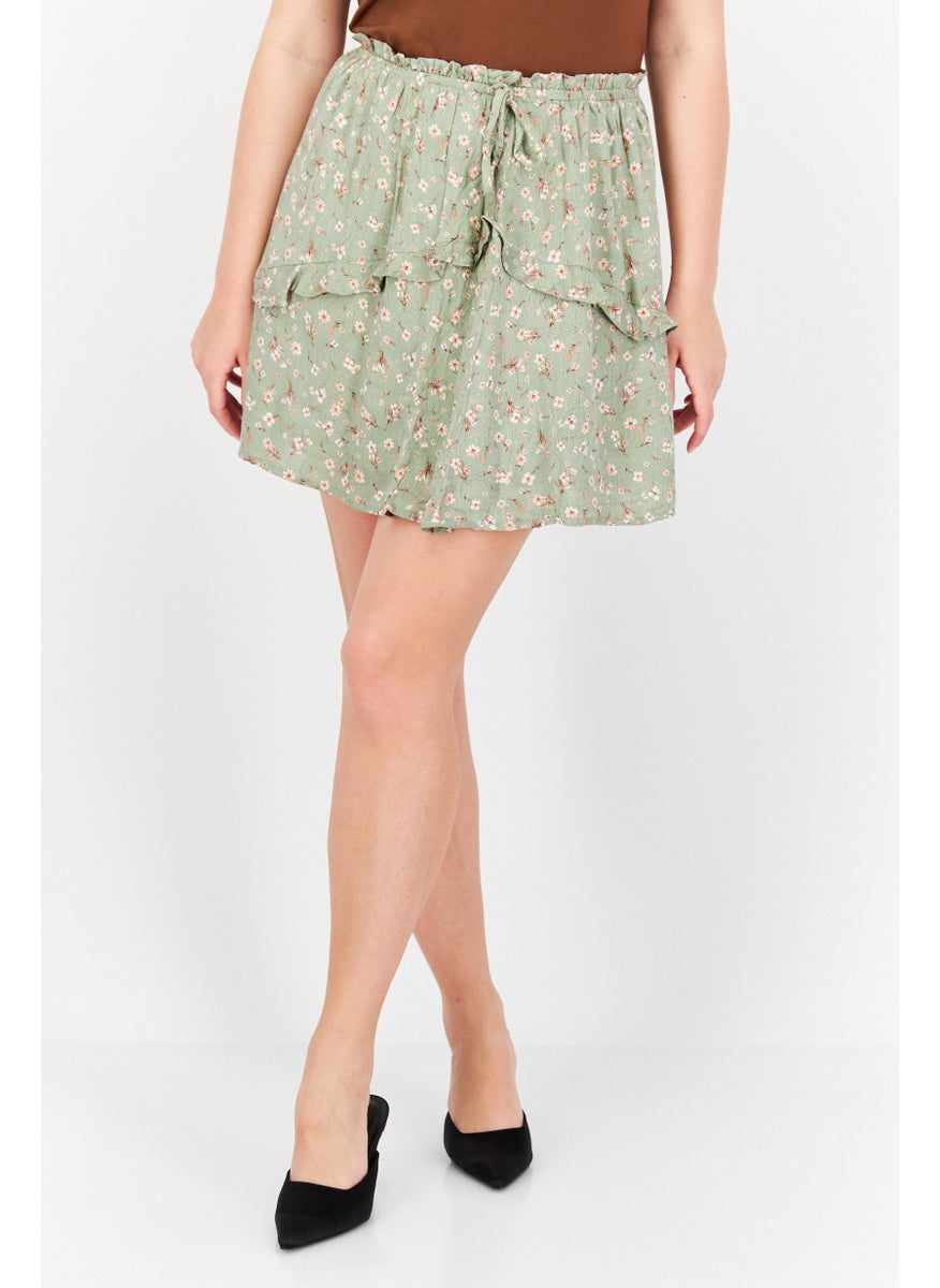 Women Floral Print Mini Skirt, Sage Green Combo