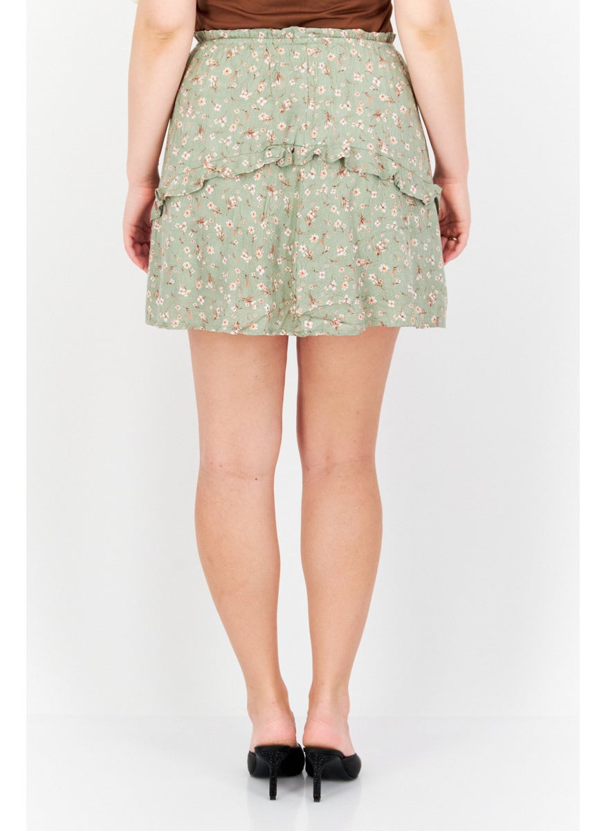 Women Floral Print Mini Skirt, Sage Green Combo