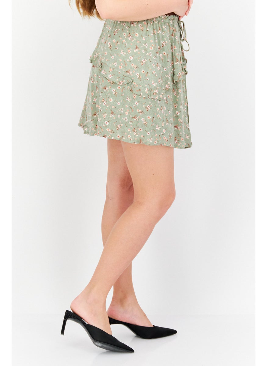 Women Floral Print Mini Skirt, Sage Green Combo