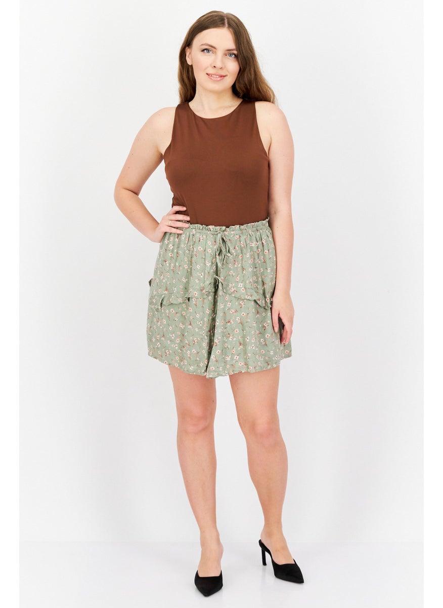 Women Floral Print Mini Skirt, Sage Green Combo