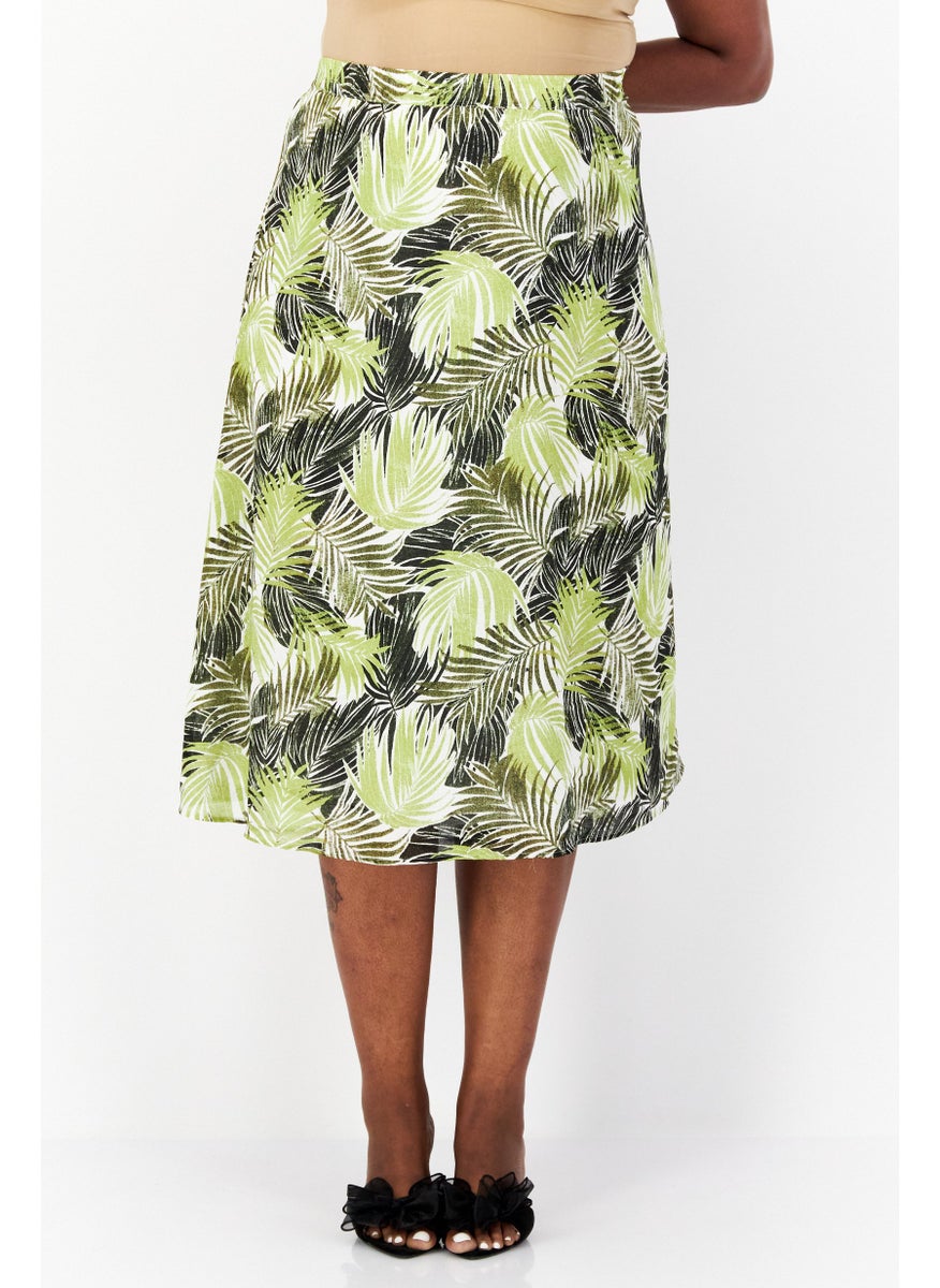 Women Plus Size Floral Pattern Midi Skirt, Green Combo