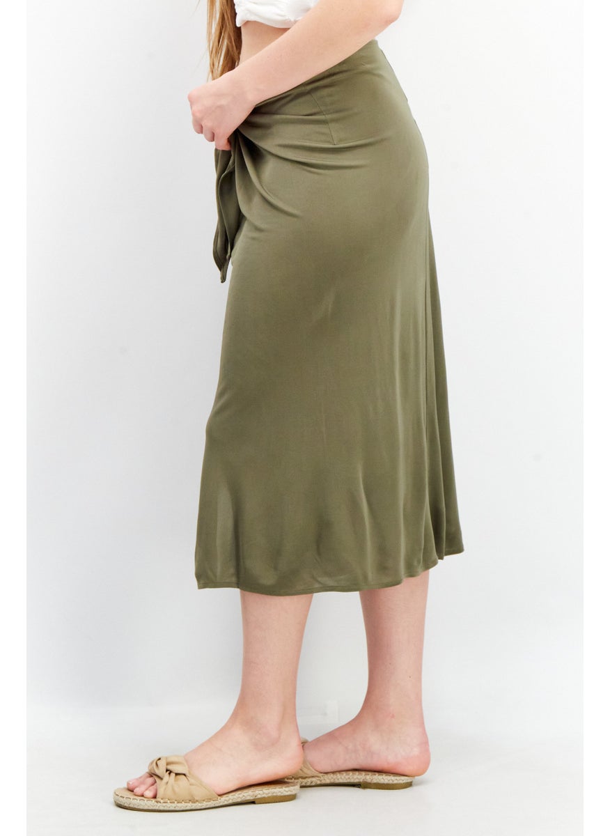 Women Plain Front Tie Midi Skirt, Olive