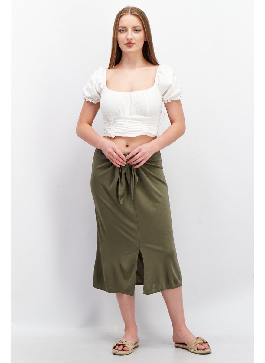 Women Plain Front Tie Midi Skirt, Olive