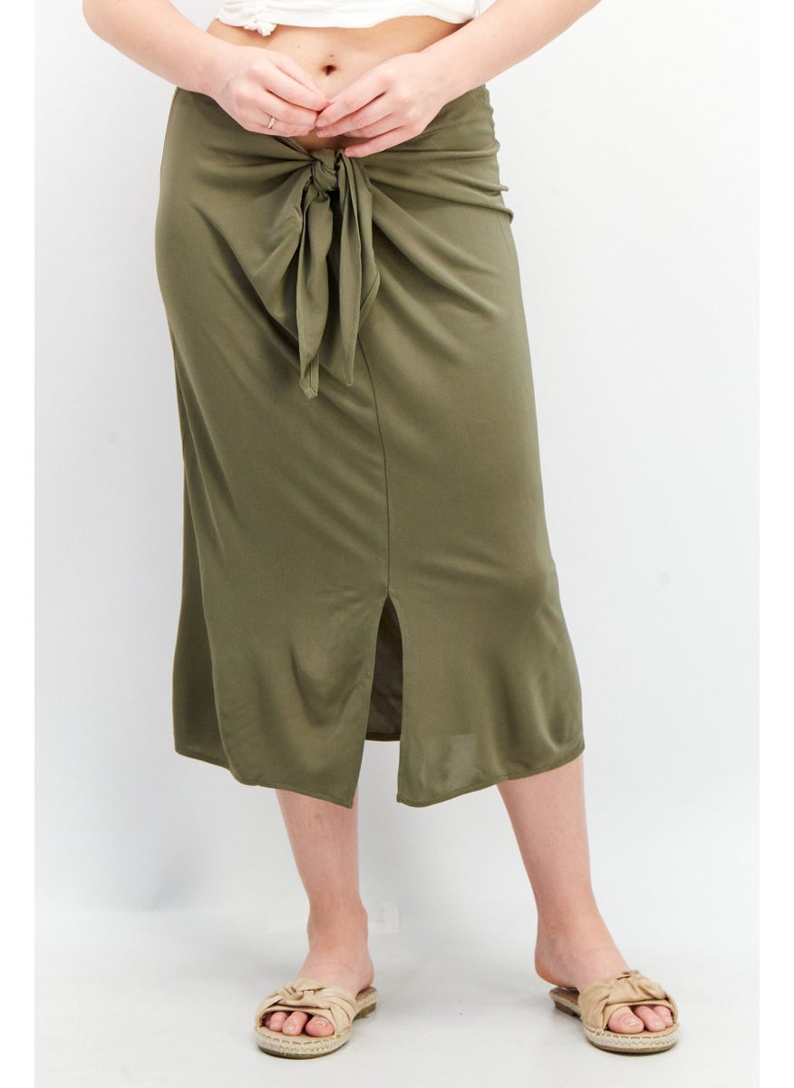 Women Plain Front Tie Midi Skirt, Olive