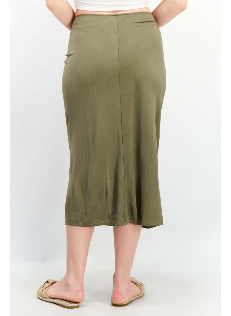 Women Plain Front Tie Midi Skirt, Olive