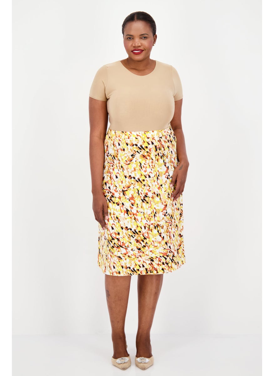 Women Plus Size Textured Pattern Midi Skirts, Yellow