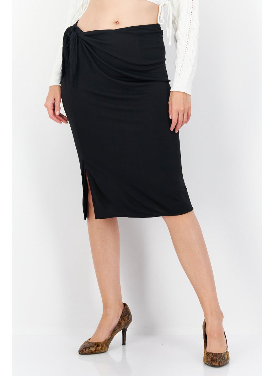 Women Plain Front Tie Midi Skirt, Black