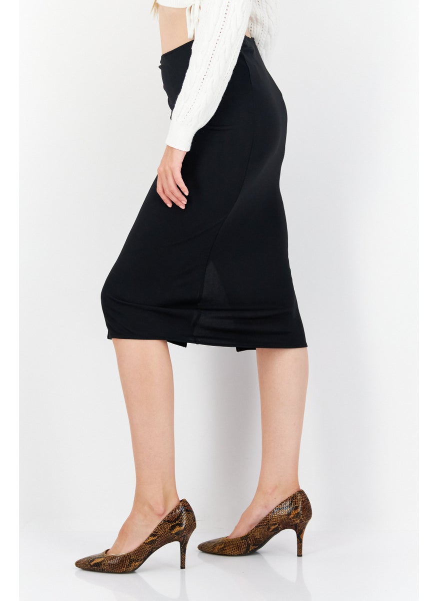 Women Plain Front Tie Midi Skirt, Black