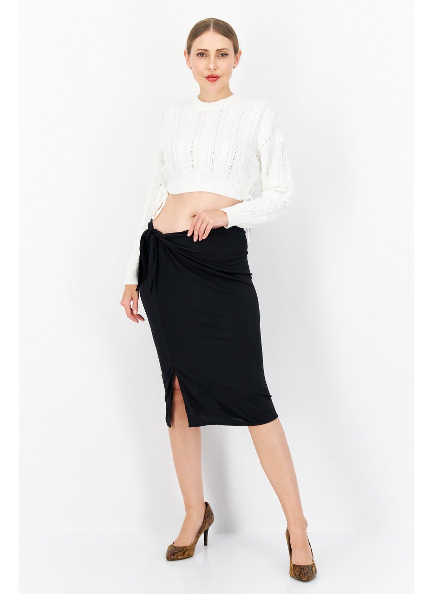 Women Plain Front Tie Midi Skirt, Black