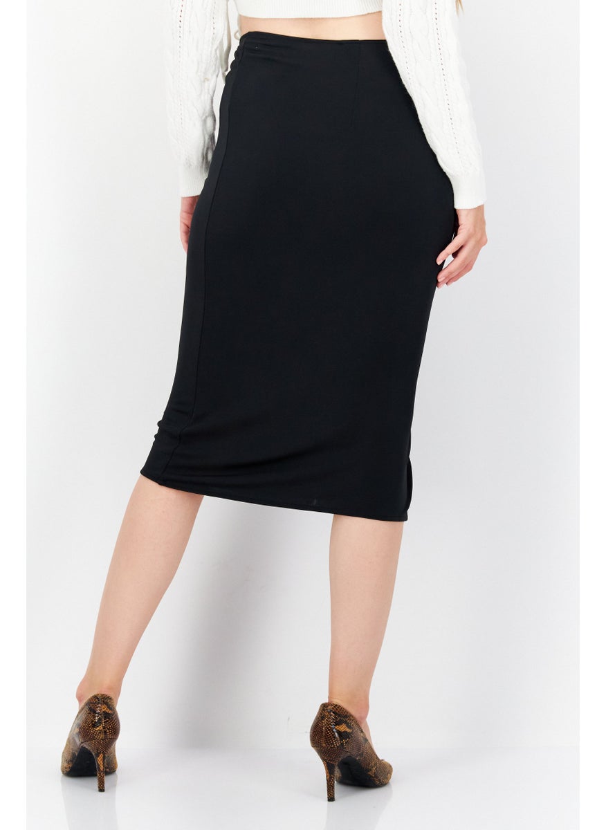 Women Plain Front Tie Midi Skirt, Black