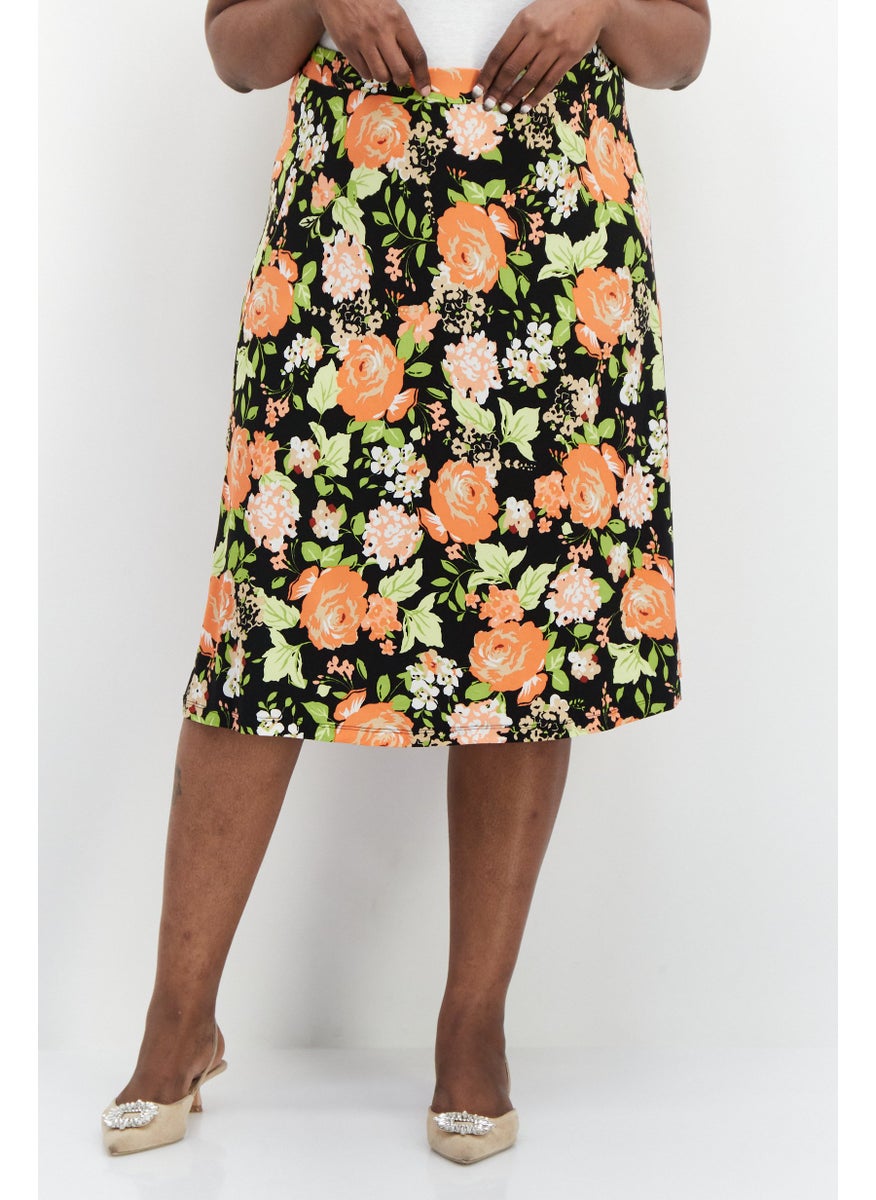 Women Plus Size Floral Printed Midi Skirt, Black Combo