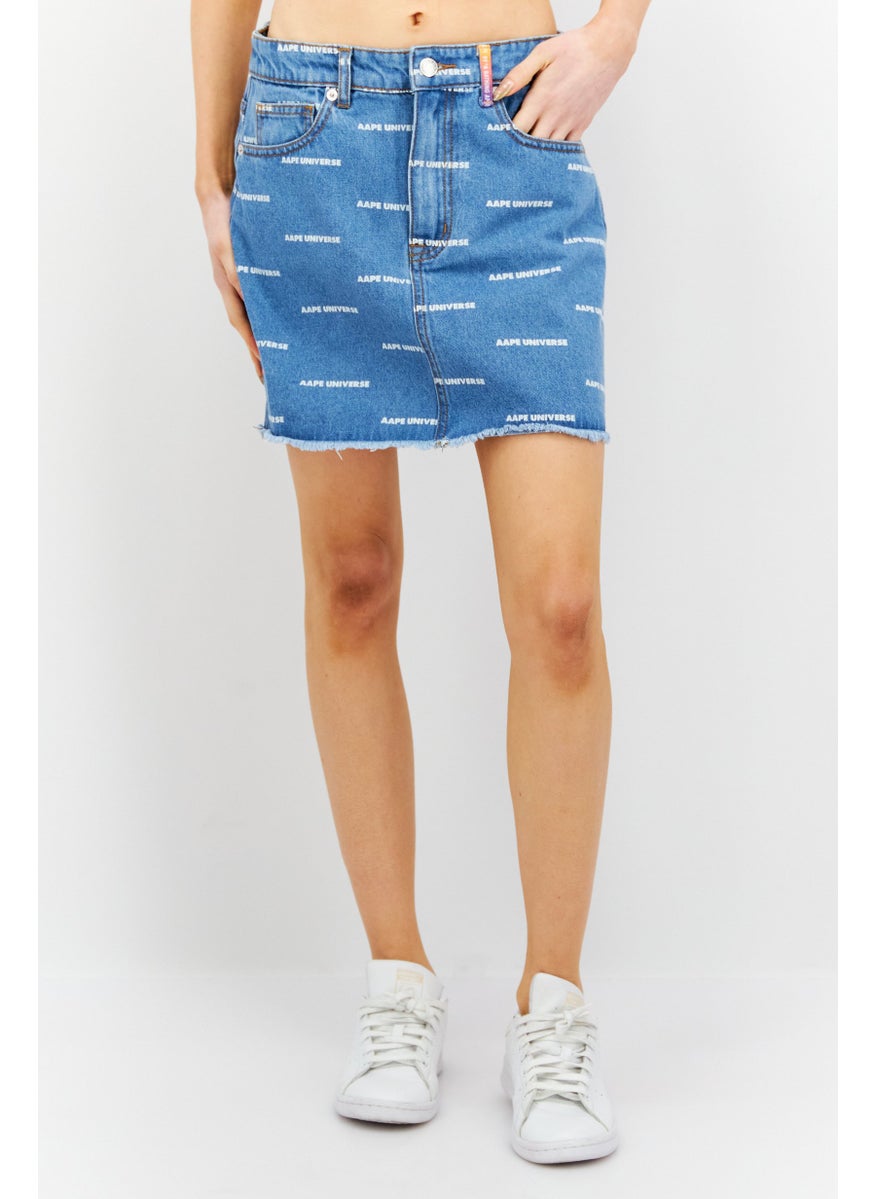 Women Allover Print Denim Mini Skirt, Blue Combo