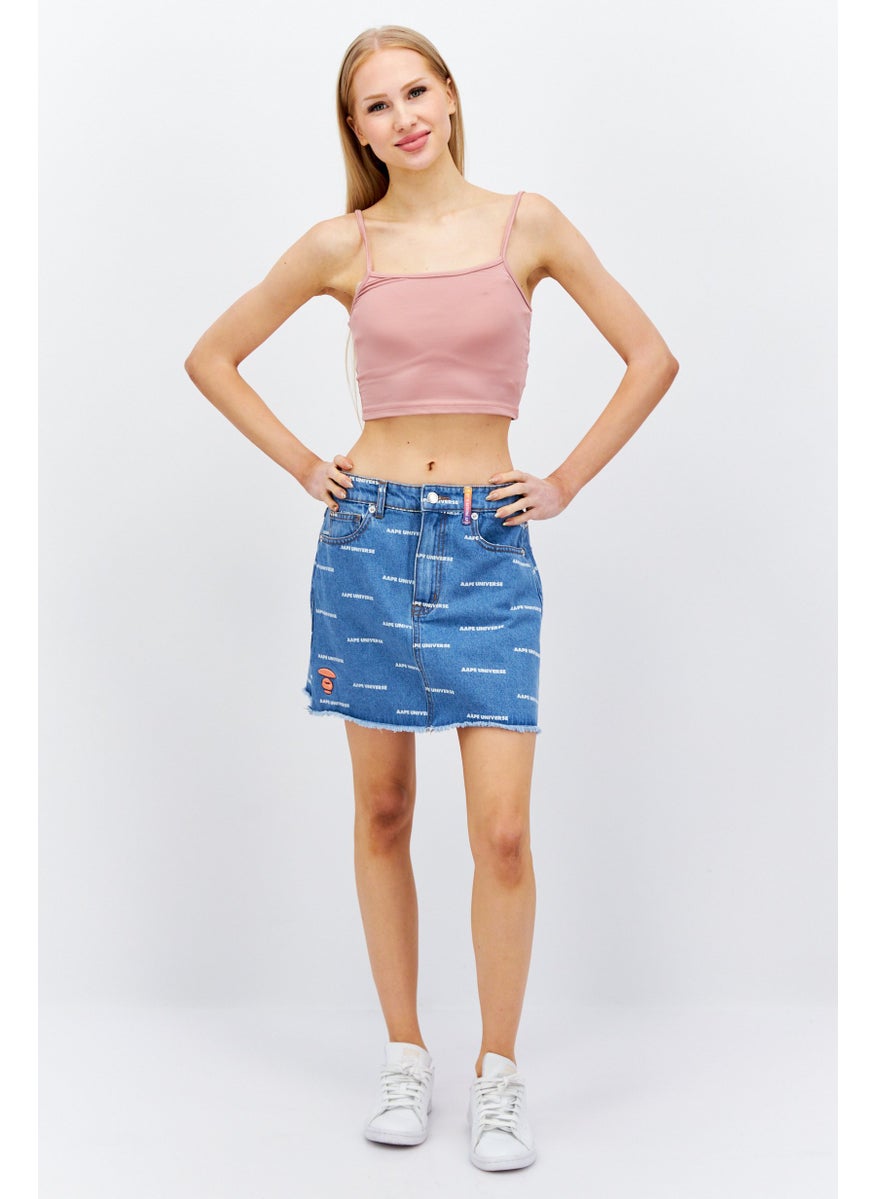 Women Allover Print Denim Mini Skirt, Blue Combo