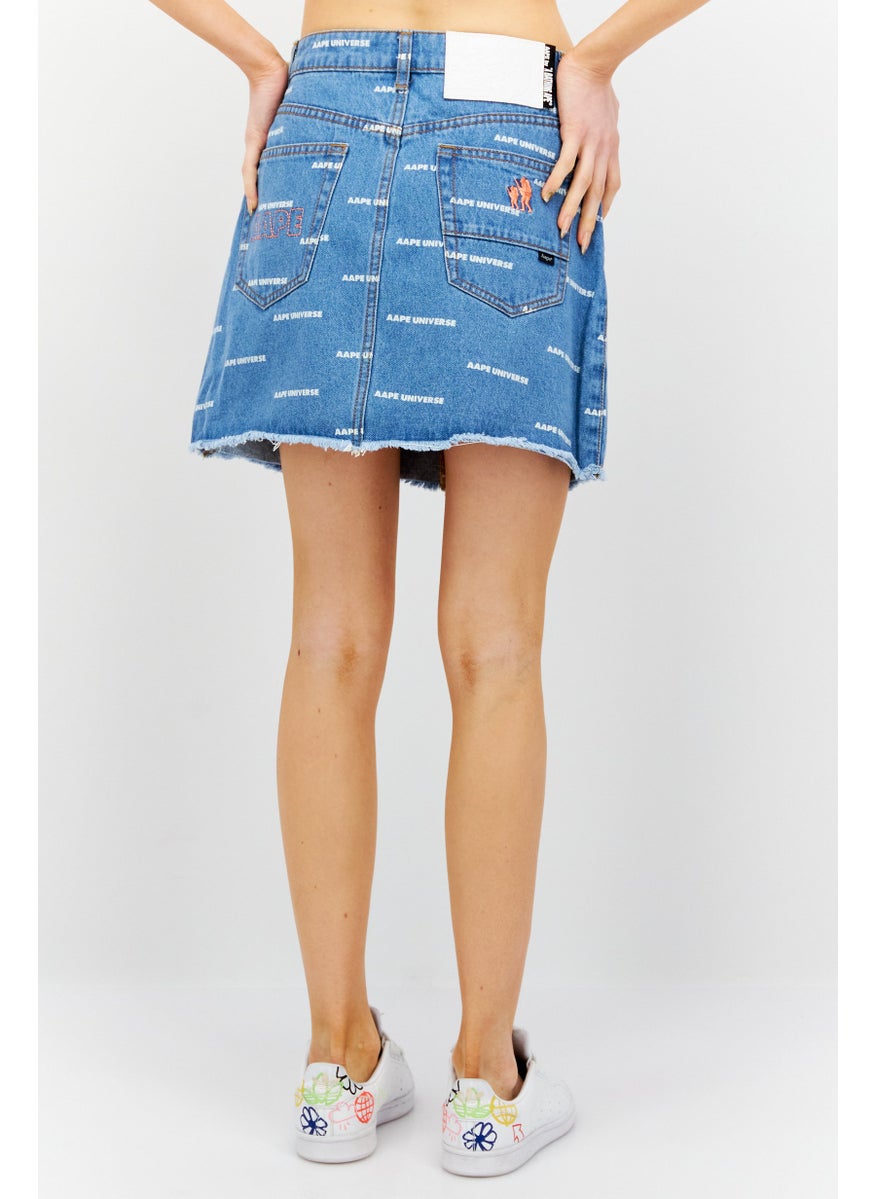 Women Allover Print Denim Mini Skirt, Blue Combo