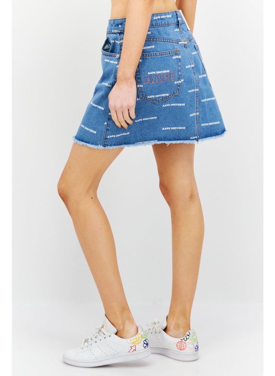 Women Allover Print Denim Mini Skirt, Blue Combo