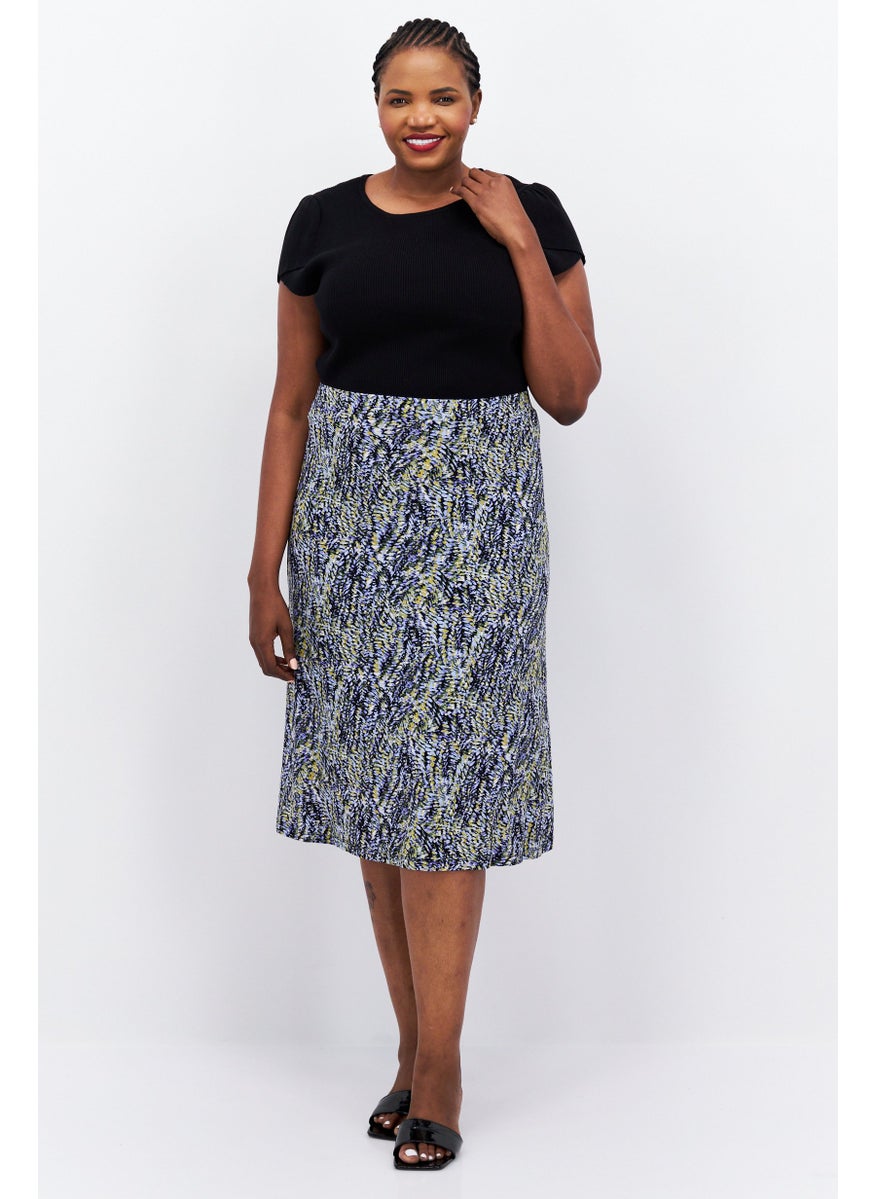 Women Plus Size Allover Printed Midi Skirt, Blue Combo