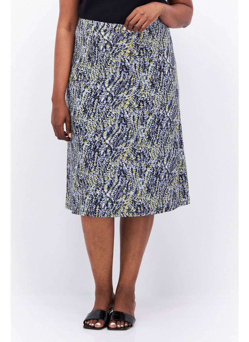 Women Plus Size Allover Printed Midi Skirt, Blue Combo