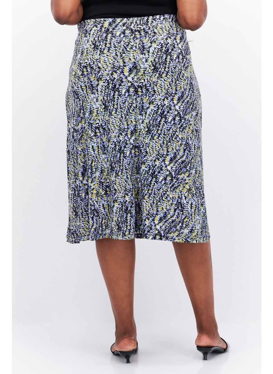 Women Plus Size Allover Printed Midi Skirt, Blue Combo