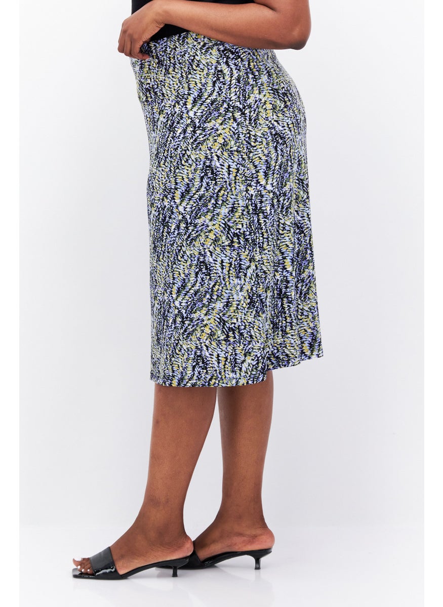 Women Plus Size Allover Printed Midi Skirt, Blue Combo