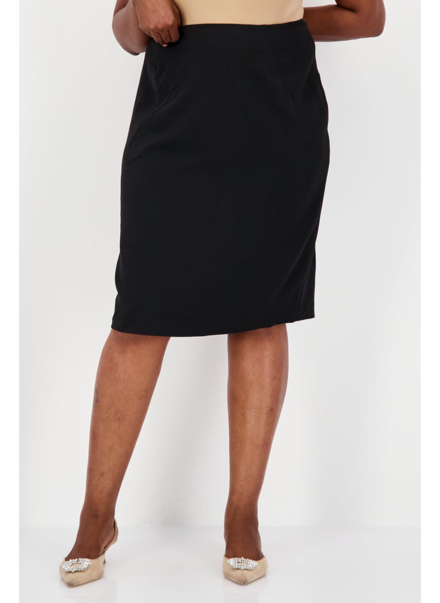 Women Plus Size Plain Midi Skirt, Black