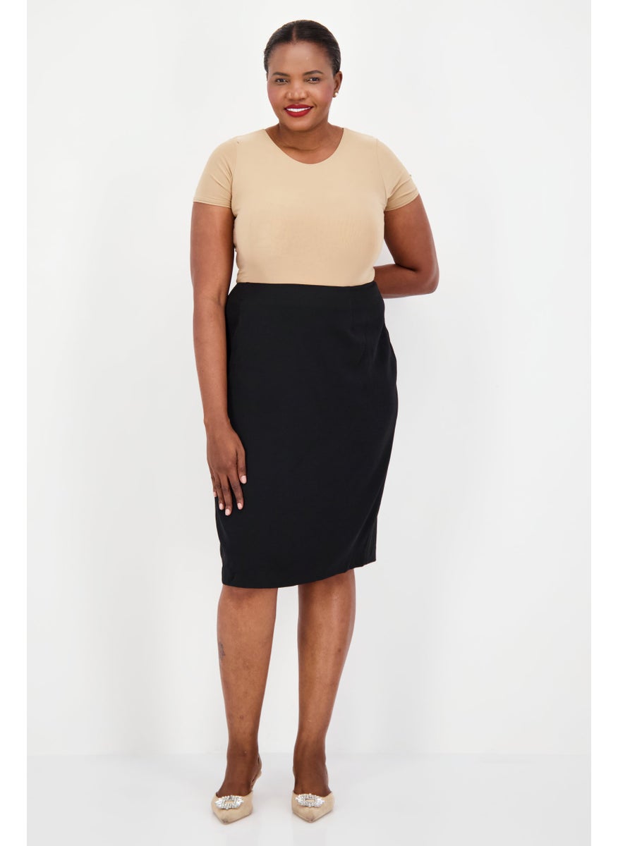 Women Plus Size Plain Midi Skirt, Black